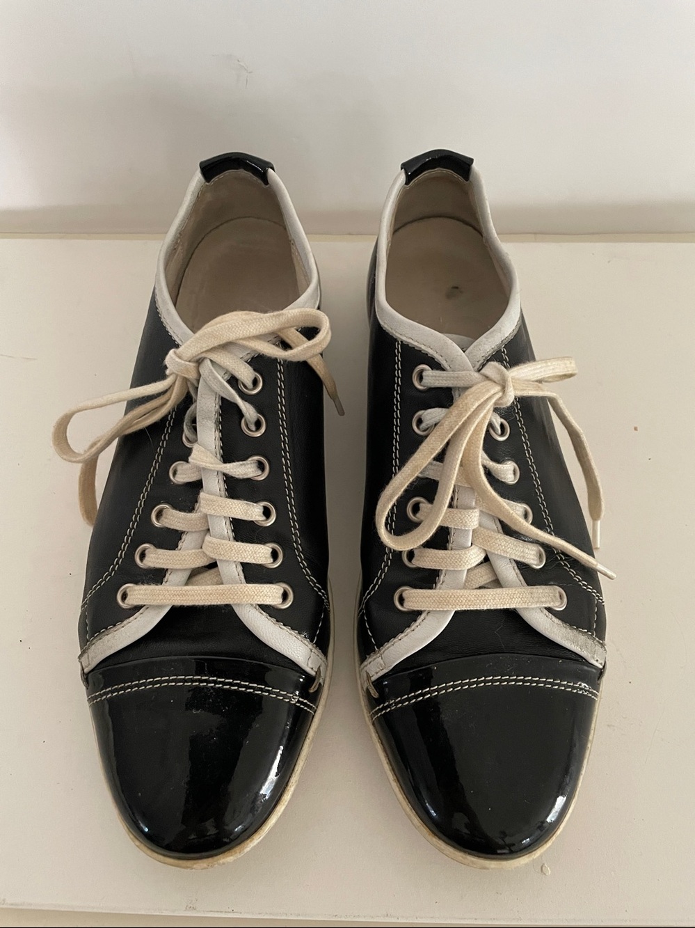 AGL ITALY- Quality Black Patent Leather Ivory Sole Sneakers Tennis Shoes